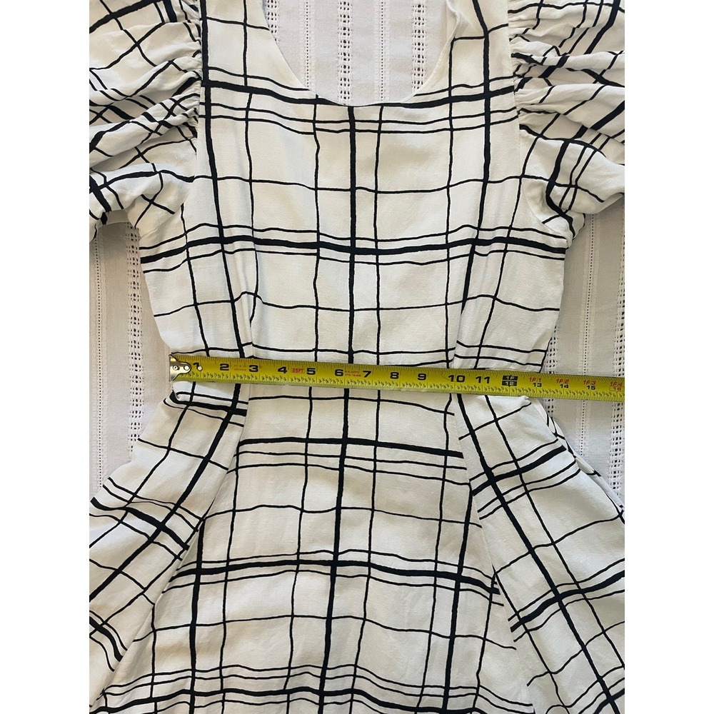 Aureta Linen Blend Puff Sleeve Mini Dress Abstract Grid Check Open Back Size S - Picture 12 of 13
